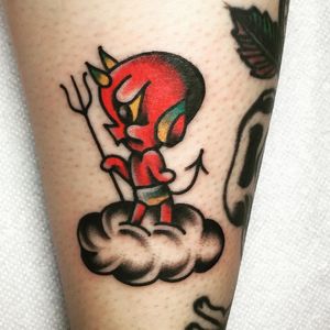 Lil devil tattoo by Jason Ochoa #JasonOchoa #demontattoos #color #traditional #devil #demon #hell #trident #cloud #oldschool