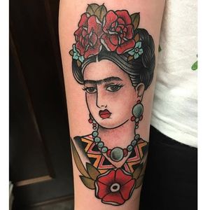 Frida Kahlo tattoo by Dr. Vega. #FridaKahlo #femaleicon #painter #fineart #icon #traditional