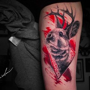 Horned rabbit tattoo by Michael Cloutier @cloutiermichael #Michaelcloutier #blackandgrey #blackandgray #blackandred #black #red #trashpolka #realism #rabbit