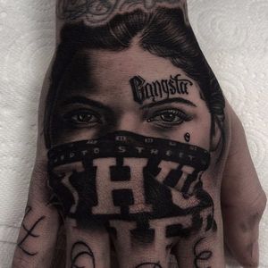 Black and grey gangster woman portrait tattoo by Pete Belson. #blackandgrey #petethethief #PeteBelson #portrait  #gangster #woman #handjammer