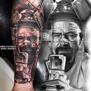 Awesome black and grey portrait of Bryan Cranston as Walter White. Tattoo by Miguel Angel Bohigues. #Miguelangelbohigues #heisenberg #breakingbad #blackandgrey #portrait