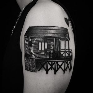 House tattoo by Nawoo. #NawooKim #house #home #architecture #blackwork