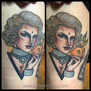 Art Deco Babe by @Guen_Douglas (via IG-guendouglas) #artdeco #orange #fly #woman #ladyhead #neotraditional #color #GuenDouglas #girlsgirlsgirls