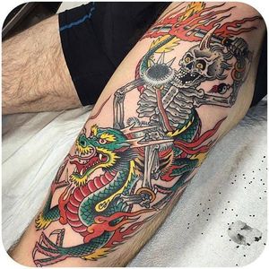 All the awesomeness by Greggletron. (Instagram: @greggletron)  #traditional #skeleton #dragon #fire #Greggletron
