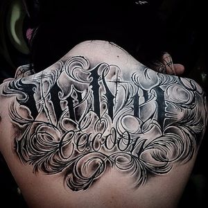 Blackwork script tattoo by OilBurner. #OilBurner #blackwork #metal #dark #gothic #handstyle #metal