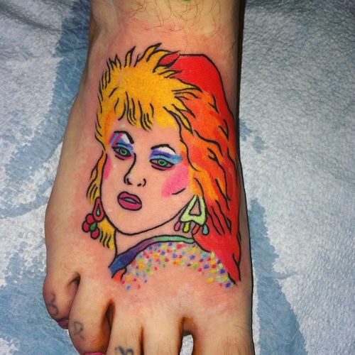 Cyndi Lauper lady head tattoo by Charline Bataille #CharlineBataille #ladyheadtattoo #color #newschool #abstract #rainbow #cyndilauper #glitter #sparkle #80s #musictattoo #face #portrait #music #tattoooftheday