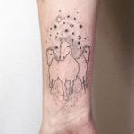 Three horses running under the night sky by Tati Compton (IG—taticompton). #blackwork #dotwork #handpoked #horses #illustrative #stars #TatiCompton