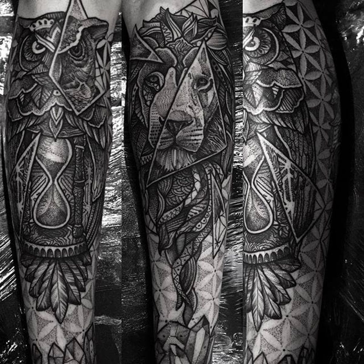 Tattoo uploaded by rcallejatattoo • An owl tattoo and a lion on the other.  Insane looking lower leg tattoos done by Paul Davies. #pauldavies  #blacktattoo #illustrativetattoo #geometrictattoo #dotstolines #lion #owl  #shins • Tattoodo