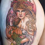 Tattoo by Guen Douglas #GuenDouglas #neotraditional #color #Artnouveau #fall #portrait #lady #pumpkin #apples #grapes #foodtattoo #filigree #flowers #floral