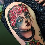 Flower Child Portrait by Danielle Rose #DanielleRose #color #traditional #ladyhead #lady #portrait #flowers #roses #leaves #nature #braid #stars #face #eyes #lips #tattoooftheday