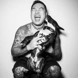 Huie and his dog Chicken- Flyrite's noble mascot (and the best dog in the world) at #THECOMMITTED photoshoot for #tattoodo, photo by Lani Lee @lanileenyc #stevenhuie #chickenhuie #lanilee #tattoodo