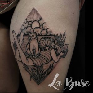 Cat lover tattoo by La Buse #LaBuse #blackwork #illustrative #cat #catlover #reader