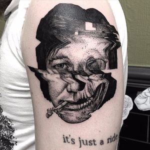 Glitch Bill Hicks tattoo by Max Amos. #MaxAmos #blackwork #glitch #pointillism #dotwork #billhicks #comedian