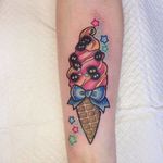 Soot sprites in an ice cream cone tattoo by Carly Kroll. #CarlyKroll #girly #pinkwork #cute #neotraditional #popculture #kawaii #icecream #sootsprite #spiritedaway #studioghibli #myneighbortotoro