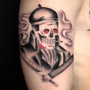 Smoking kills tattoo by Antoine Gaumont #antoinegaumont #besttattoos #blackandgrey #traditional #illustrative #beret #skull #skeleton #smoking #cigarette #switchblade #knife #smoke #death #piecederesistance