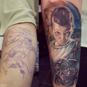 Stranger Things' Eleven tattoo by Joe K. Worral. #JoeKWorral #strangerthings #eleven #milliebobbybrown #tvshow #netflix #popculture