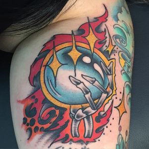 Crystal Ball Tattoo by Dean Williams #crystalball #fortuneteller #traditional #deanwilliams