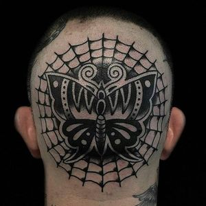 Blackwork Butterfly Tattoo by Austin Maples #butterfly #head #scalp #blackwork #blackink #blackworkhead #jobstopper #boldwillhold #AustinMaples