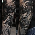 Jazz sleeve looking super jazzy, by Ryan Evans. (via IG—ryan_evans) #TattooRoundUp #Sleeves #Realism #Jazz #Saxophone #Smoking