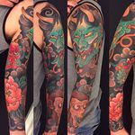 Clean and solid Hannya sleeve tattoo done by Sandor Jordan #sandorjordan #hakutsurutattoo #japanesestyle #japanese #essen #hannya #monkey #peony