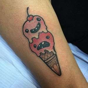Tiny pink skull ice cream cone tattoo by Christina Hock #ChristinaHock #skull #icecream #icecreamcone #pink
