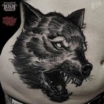 Wolf Tattoo by Alex Underwood #wolf #wolftattoo #blackworkwolf #blackwork #blackworktattoo #blackworktattoos #blacktattoos #blackink #blackworkartists #AlexUnderwood
