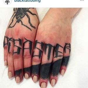 Disaster Knuckle Tattoos by Bam Kaczmarek at Life is Good Tattoo, Poland @GetBamBam  #BamKaczmarek #Lifeisgood #Knuckles #KnuckleTattoos #HandTattoos #Traditional #Black #Lettering #Script