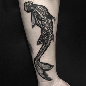 Mermaid Skeleton Tattoo by Gara #mermaid #mermaidskeleton #blackworkmermaid #blackwork #blackink #darkart #Gara