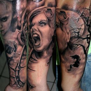Tatuagem com estilo from hell de filme de terror. #fromhell #balanço #criança #kid #KostasProki #realismo #pretoecinza #blackandgrey #tatuadorgrego #brasil #brazil #portugues #portuguese