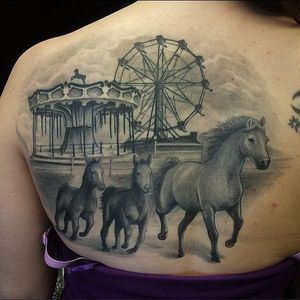Ferris wheel and horses (via IG -- blvd.tattoo) #ferriswheel #ferriswheeltattoo