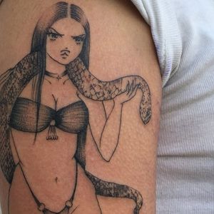 Snake lady tattoo by Soto Gang #SotoGang #blackandgrey #lady #portrait #snake #reptile #choker #sparkle #bathingsuit #babe #eyes #90s #anime #manga