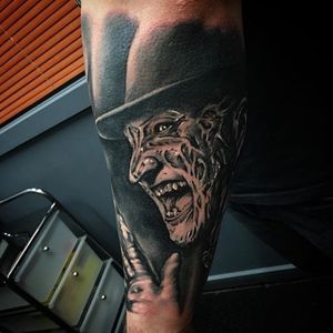 Black and grey realism Freddy tattoo by Aaron Norton.  #realism #blackandgrey #portrait #FreddyKrueger #NightmareOnElmStreet #AaronNorton