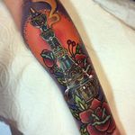 Genie bottle and roses by Johnny Smith #JohnnySmith #color #genie #bottle #rose #tattoooftheday