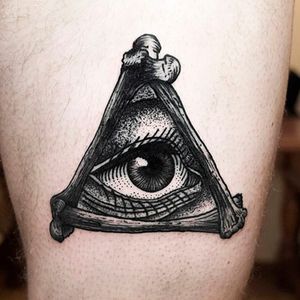 The all seeing eye inside a bone triangle Photo from Pinterest by unknown artist #eye #thirdeye #allseeingeye #esoteric #blackandgrey #blackwork #bones #triangle