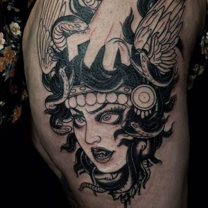 Medusa Namakubi tattoo by Wes Holland #WesHolland #namakubitattoo #neotraditional #medusa #severedhead #snakes #crown #wip #wings #reptile #legend #fangs #animal #myth #ladyhead #lady #portrait #tattoooftheday