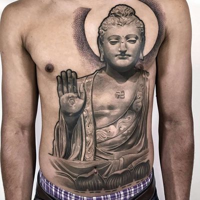 Compassionate Buddha by Lil B #lilb #lilbtattoo #blackwork #blackandgrey #dotwork #linework #portrait #Buddha #lotus #Buddhist #sun #tattoooftheday