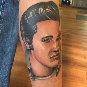 Neo trad Elvis tattoo by Nick Sarich. #neotrad #neotraditional #portrait #styledrealism #Elvis #ElvisPresley #NickSarich