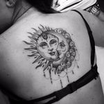 Sun and moon together at all by Flo Nuttall #flonuttall #fineline #linework #dotwork #moon #sun #ornamental #clouds #blackandgrey #blackwork #tattoooftheday