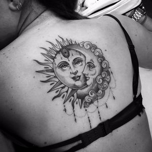 Sun and moon together at all by Flo Nuttall #flonuttall #fineline #linework #dotwork #moon #sun #ornamental #clouds #blackandgrey #blackwork #tattoooftheday