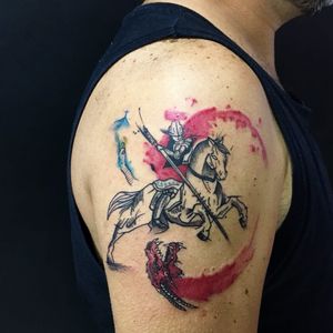 #ThiagoPinhas #tatuadoresdobrasil #traçofino #fineline #saojorge #ogum #santo #saint #religiosa #religious #dragao #dragon #warrior #guerreiro #lança #spear #cavalo #horse #aquarela #watercolor