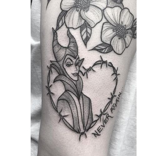 Maleficent tattoo by Poppy Segger. #PoppySegger #disney #pointillism #dotwork #poppysmallhands #disneyprincess #maleficent #sleepingbeauty