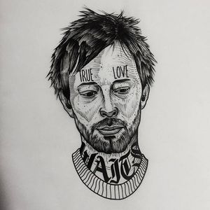 Thom Yorke of Radiohead. (via IG - daniel_kickflip_tattooer) #Portraits #Celebrities #Flash #Radiohead #ThomYorke