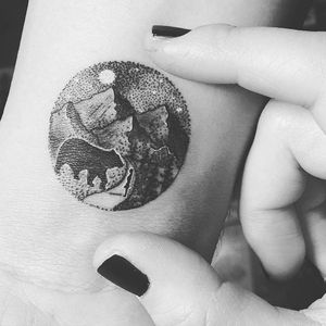 Mountains, bear, and girl scenery tattoo by Eva #Miniature #mini #scenery #eva #mountain #bear #silhouette