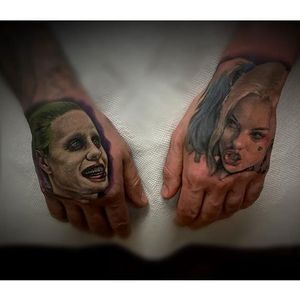 Joker and Harley Quinn Tattoo by Kris Busching #JaredLeto #Joker #JokerTattoos #SuicideSquad #Portrait #KrisBusching