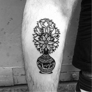 Flower vase tattoo by Dalas #Dalas #blackwork #cartoon #comics #popart #surrealistic #flowervase #flower