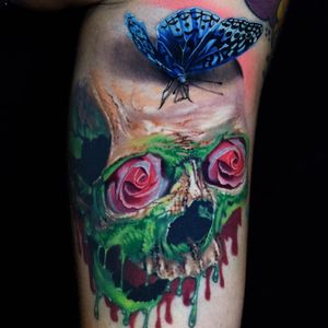 Skull and roses tattoo by Phil Garcia #PhilGarcia #rosetattoos #color #realism #realistic #hyperrealism #butterfly #insect #rose #flower #skull #nature #death #life #ooze #goo #monster #surreal #tattoooftheday