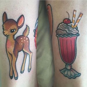 Cute deer and milkshake tattoo by Hollie West. #cute #traditional #deer #milkshake #HollieWest