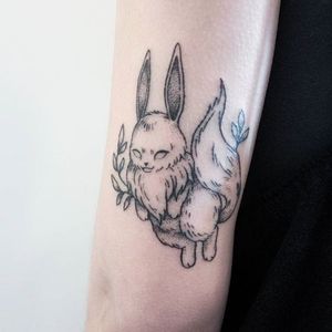 Hand poked Eeevee tattoo by Teagan Campbell. #pokemon #eevee #cute #critter #anime #videogames #kawaii #handpoke #dotwork #TeaganCampbell