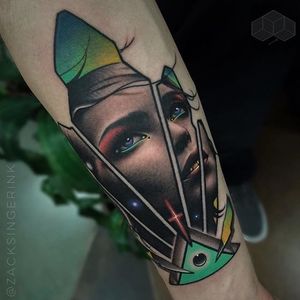 Hyperrealistic woman portrait tattoo by Zack Singer. #ZackSinger #gem #3d #hyperrealistic #trippy #mashup #portrait #woman #crystal