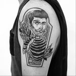 Surrealistic blackwork tattoo by Arnaud Point Noir #ArnaudPointNoir #blackwork #sketch #illustrative #dotwork #skeleton